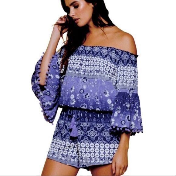 Anthropologie RAGA Off Shoulder‎ Boho Pompom Romper Blue XS - Picture 13 of 13